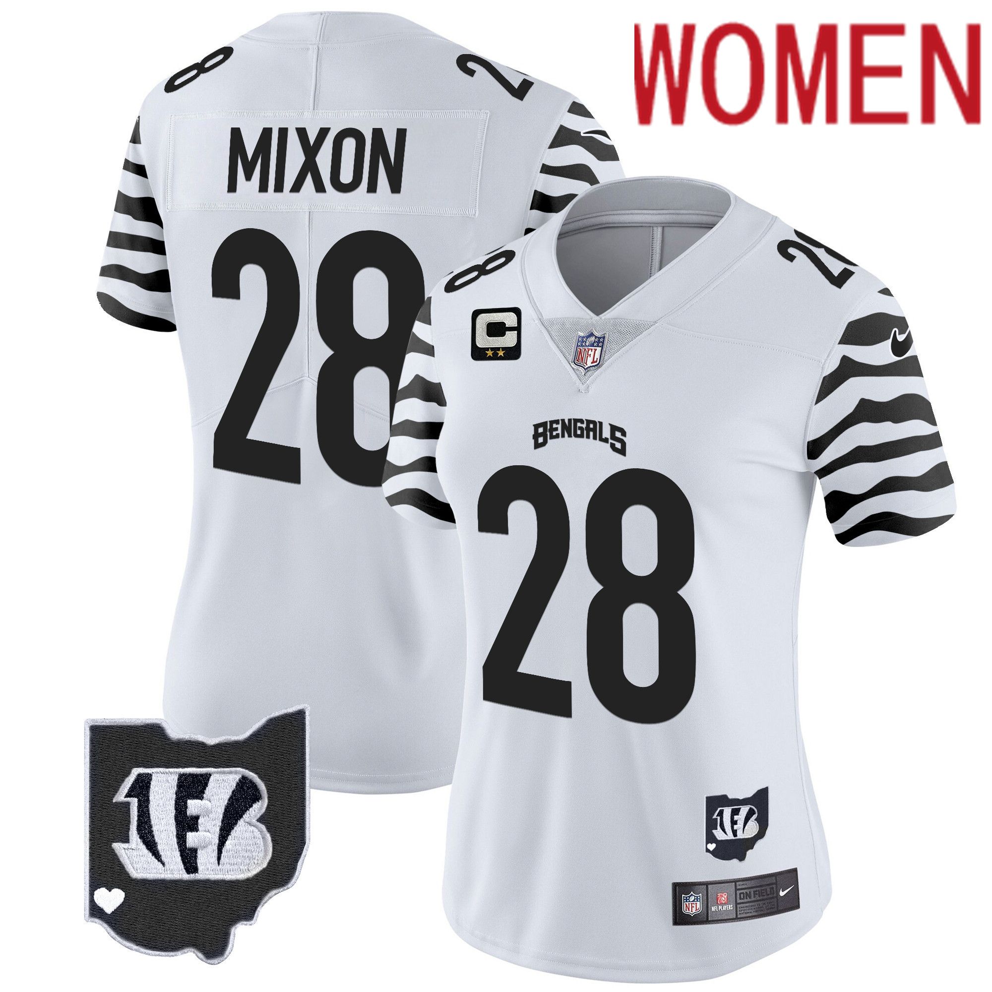 Women Cincinnati Bengals 28 Mixon White 2024 Nike Stripes Vapor Limited NFL Jersey